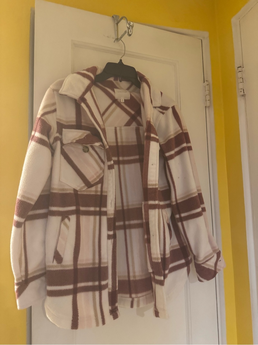 Ultra Flirt Cream and Brown Plaid Utility Shacket
